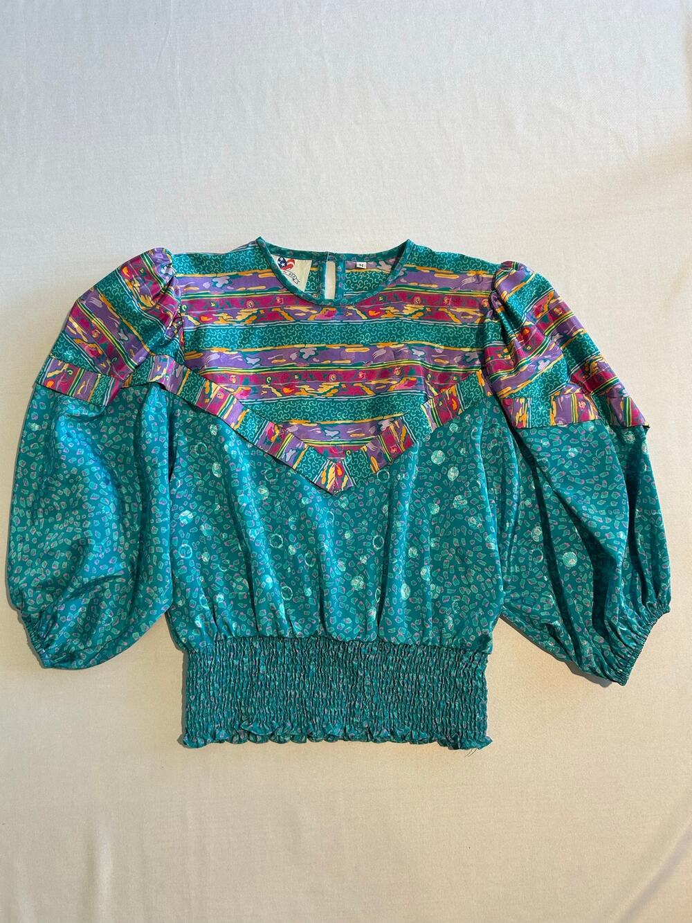 Susan Tudor Vintage Blouse Puff Sleeves Teal Medium